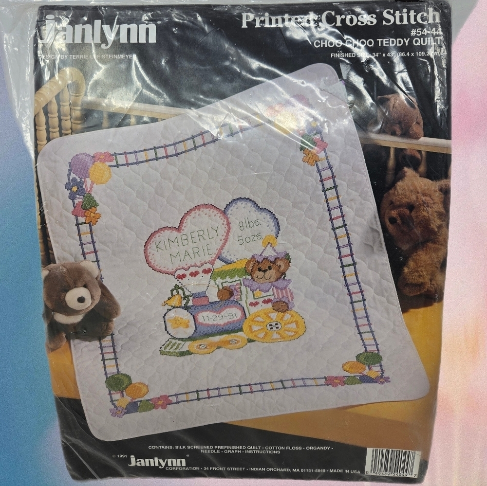 Janlynn Printed Cross Stitch Choo Choo Teddy Bear Quilt Finished Size 35x43